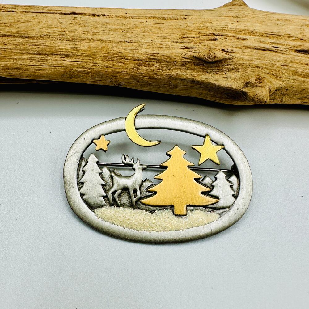 Vintage JJ Jonette Signed Pewter Christmas Night Brooch
